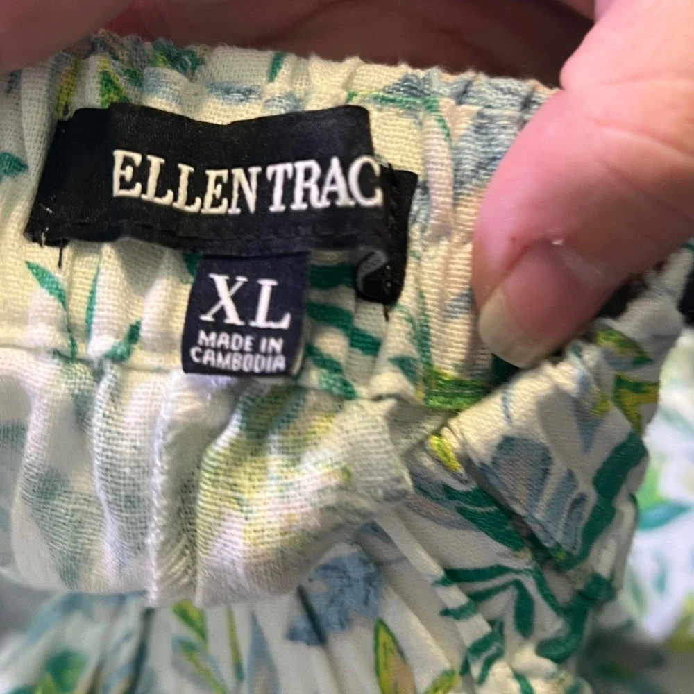 Ellen Tracy Womens Linen Blend Tropical Floral Print Shorts White‎ Green XL NWT